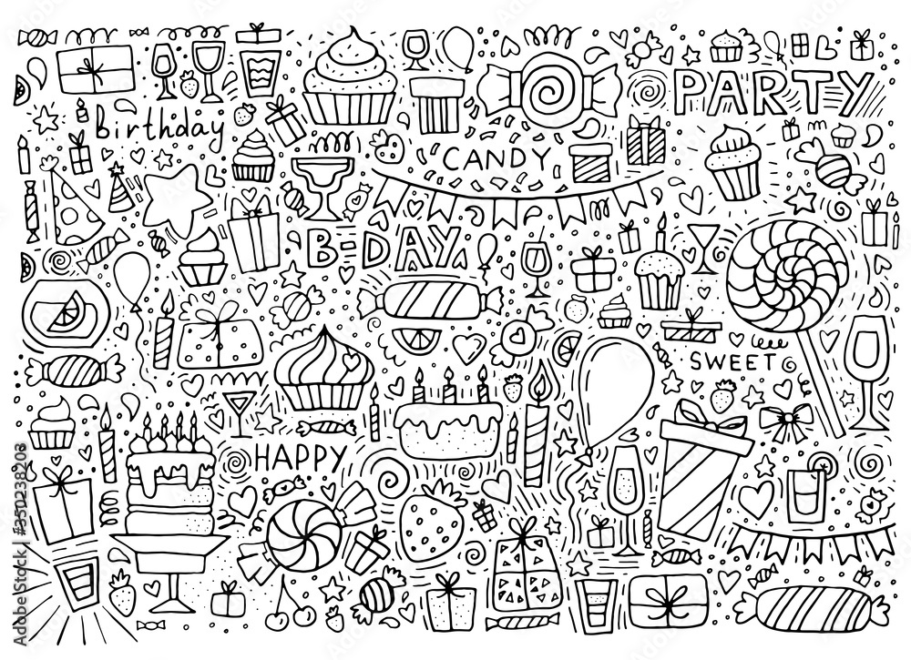 Hand drawn doodle of happy birthday party background. Vector illustration