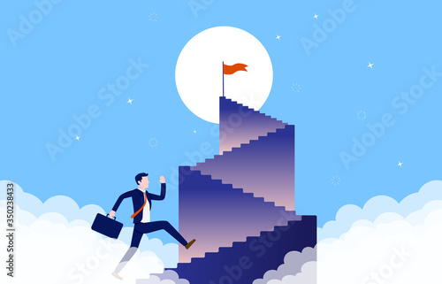 Stairway to success - Businessman running up lots of stairs to reach the goal. Red flag on peak, blue sky, clouds and sun. Career goals, business success and ambitions concept. Vector illustration.