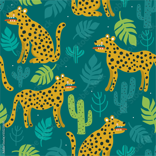 Leopards  palm leaves  cactuses  hand drawn backdrop. Colorful seamless pattern with animals. Decorative cute wallpaper  good for printing. Overlapping background vector. Design illustration