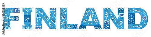 Finland. Isolated inscription with national ethnic ornament in blue colors. Finland for web, booklet, poster, banner, flyer, cards and prints on clothing, finnish t-shirts. Cheap stock vector image.