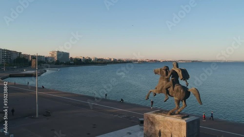 Aerial drone clip of the statue of Alexander the Great, in Thessaloniki in Greece