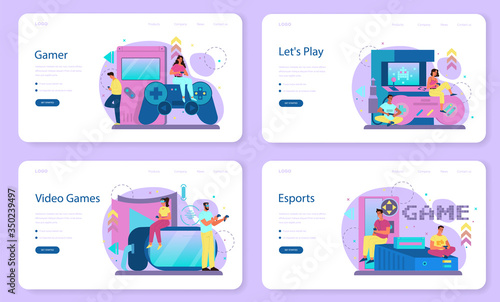 Professional gamer web banner or landing page set. Person play