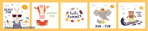 Collection of cards, posters with cute funny animals doing summer activities, text. Hand drawn vector illustration. Scandinavian style flat design. Concept for children holidays print, invite, banner.