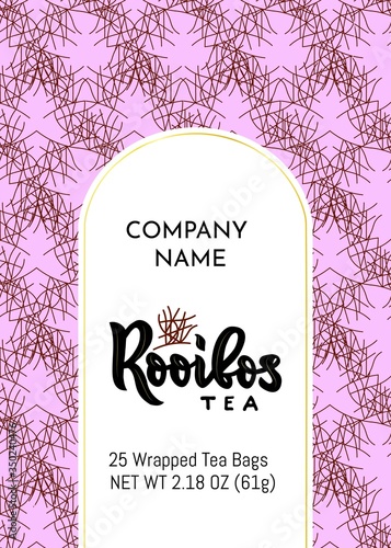 Template of packaging Rooibos tea, company name. Pattern with branch of herb, gold frame. Finished design for box, pack, business card, logo.