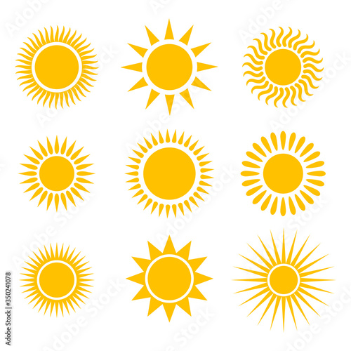 Suns graphic icons set. Suns pictograms isolated on white background. Symbols of summer. Vector illustration