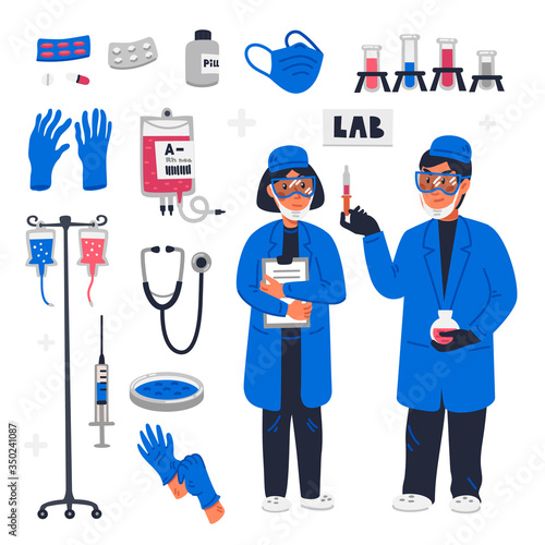 Fototapeta Naklejka Na Ścianę i Meble -  Scientists in lab. Healthcare researchers working in science laboratory. Female and male scientists and lab equipment for research and testing. Flat style vector illustration on white background.