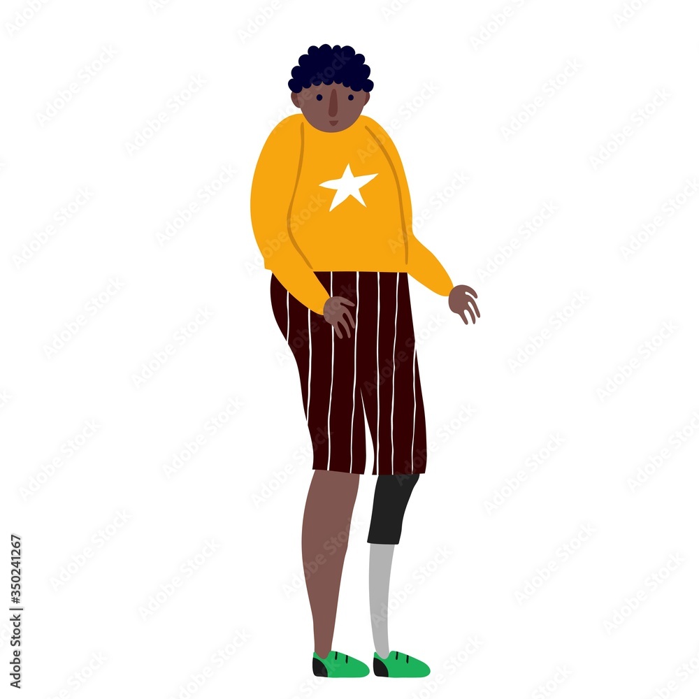 Young afro man with prosthetic leg. Happy smiling adult male isolated on white background. Physical disability. Fun design. Flat style drawing. Stock vector illustration.