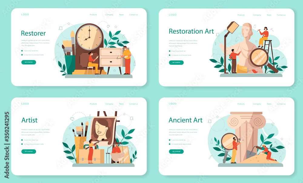 Restorer web banner or landing page set. Artist restores an ancient Restorer web banner or landing page set. Artist restores an ancient