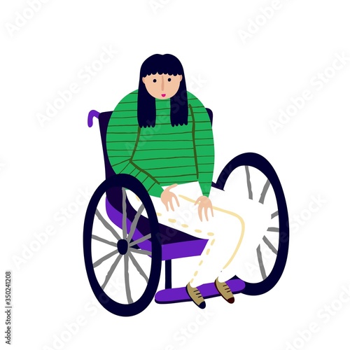 Young woman sitting in wheelchair isolated on white background. Smiling female. Colorful flat style drawing. Physical disability. Fun design. Stock vector illustration drawn by hand.
