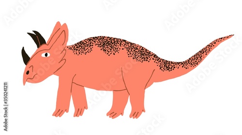Large dinosaur with horns isolated on white background.  Funny triceratop. Wild big reptile. Flat style drawing. Cute extinct animal. Stock vector illustration.