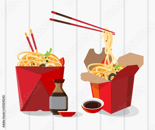 chinese food take away box, Take away food , Flat Vector illustration