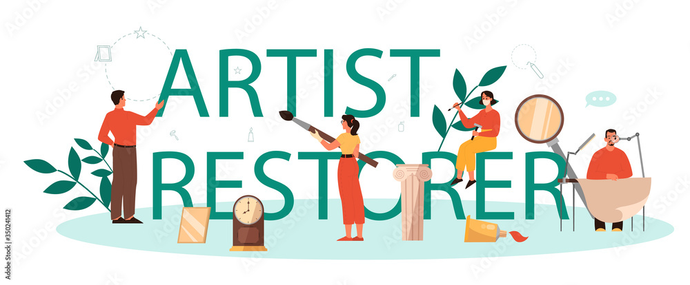 Restorer typographic header concept. Artist restores an ancient statue Restorer typographic header concept. Artist restores an ancient statue