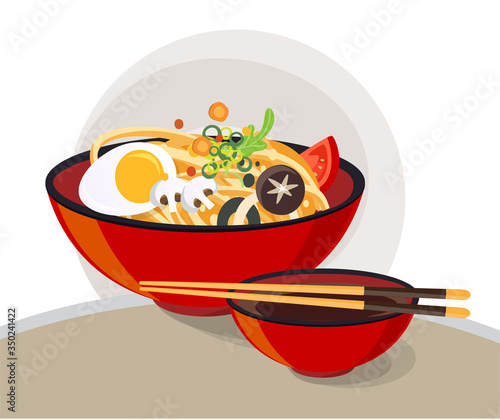 Traditional chinese soup with noodles, Noodle Soup in Chinese Bowl Asian Food Vector illustration