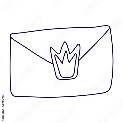 A cute closed fairy envelope with a crown in doodle style. Hand drawn vector illustration in black ink isolated on white background.  Great for coloring book.