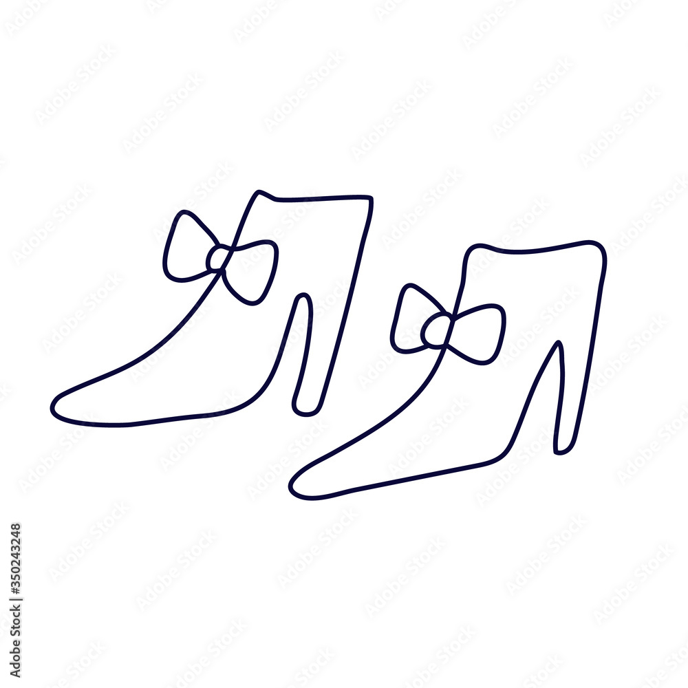 Ankle boots decorated with bows in doodle style. Hand drawn vector illustration in black ink isolated on white background. Great for coloring book. Ankle boots decorated with bows in doodle style. Hand drawn vector illustration in black ink isolated on white background. Great for coloring book.