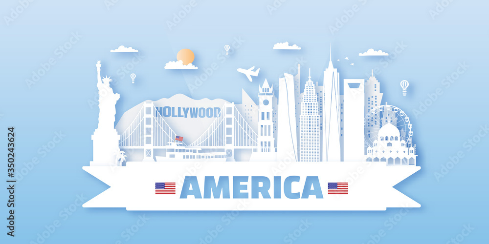Plakat USA America Travel postcard, poster, tour advertising of world famous landmarks. Vectors illustrations
