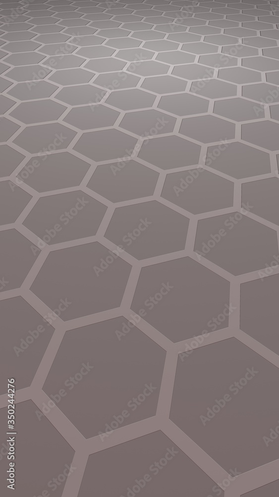 Fototapeta premium Honeycomb with color lighting, on a gray background. Perspective view on polygon look like honeycomb. Isometric geometry. 3D illustration