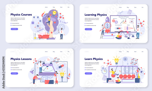 Physics school subject web banner or landing page set. Scientist