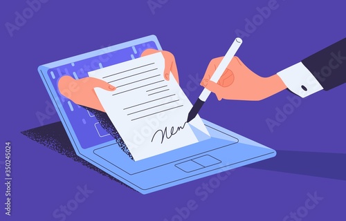 Man putting esignature into legal document. Digital signature concept. Businessman signing an agreement or contract online. Colorful vector illustration in flat cartoon style photo