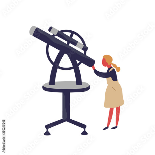 Cute little girl looking into telescope vector flat illustration