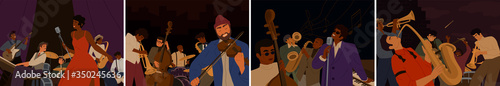 Set of cartoon diverse musicians playing on musical instruments and singing vector flat illustration. Collection artists of jazz band performing on stage or street. Colorful play in orchestra