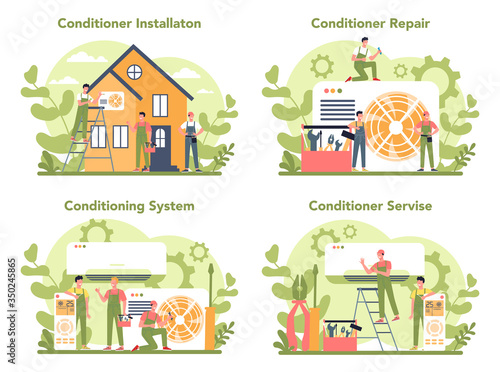 Air conditioning repair and instalation service concept set. Repairman