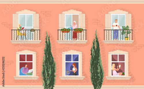 Building facade with windows and people living inside. Men and women reading, drink morning coffee, exercise, watering plants. Concept of neighbors in quarantine. Vector illustration