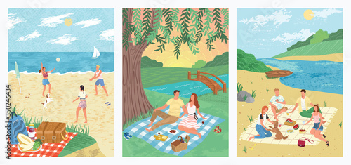 Summer sea vacation on tropical beach holiday concept vector illustration. People play volleyball on sand. Couple drink wine and watch sunset in a park. Friends at picnic, outdoor activity