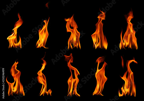 Collection set of fire and burning flame of candle light isolated on dark background for graphic design purpose