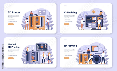 3D Printing technology web banner or landing page set. 3D printer