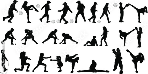 25 black silhouettes of girls and boys playing soccer with the ball and doing martial arts