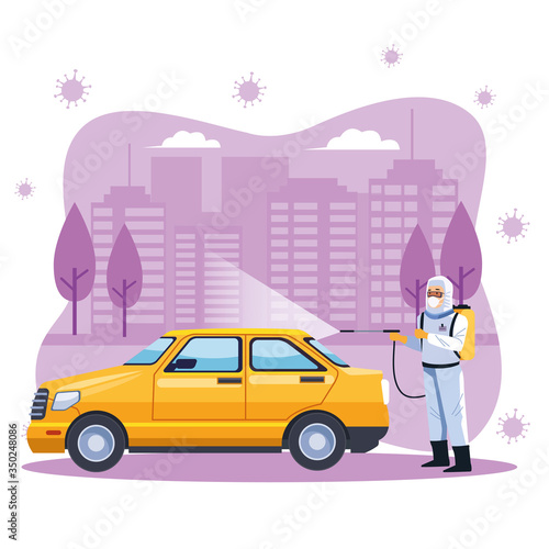 biosafety worker desinfect taxi for covid19