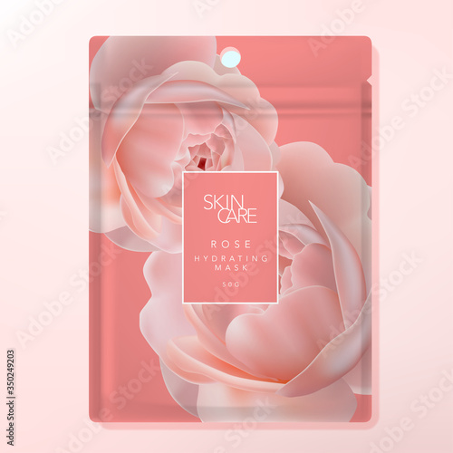 Vector Facial Sheet Mask or Clay Mask Foul Bag or Sachet Bag Packaging. Rose Pattern Printed on Coral Background.