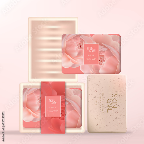 Vector Paper Wrapped Soap Bar with Pink Ceramic Dish, Rose Pattern Printed Sleeve Packaging