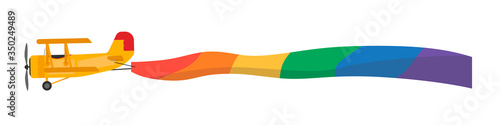 A biplane flying over a white background with the LGBT flag. Vector illustration with a biplane for LGBT world month.