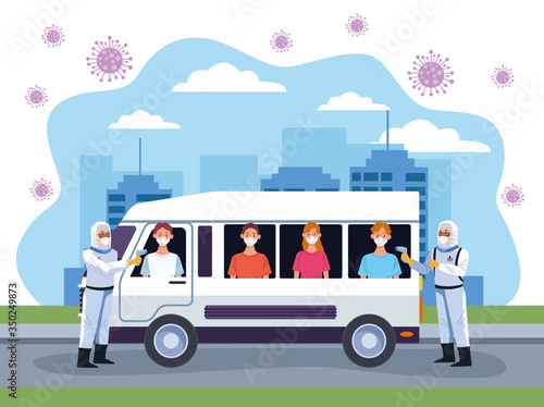 doctors checking temperature for covid19 in bus