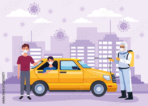 biosafety worker desinfect taxi for covid19