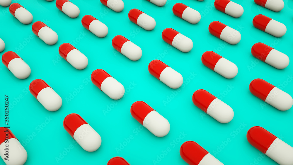 Rows of red-white pills on a turquoise background. 3d render illustration Rows of red-white pills on a turquoise background. 3d render illustration