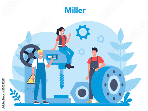Miller and milling concept illustration. Engineer drilling meta