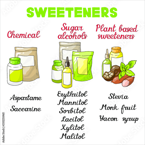 Vector illustration with different sorts of sweeteners for dieting