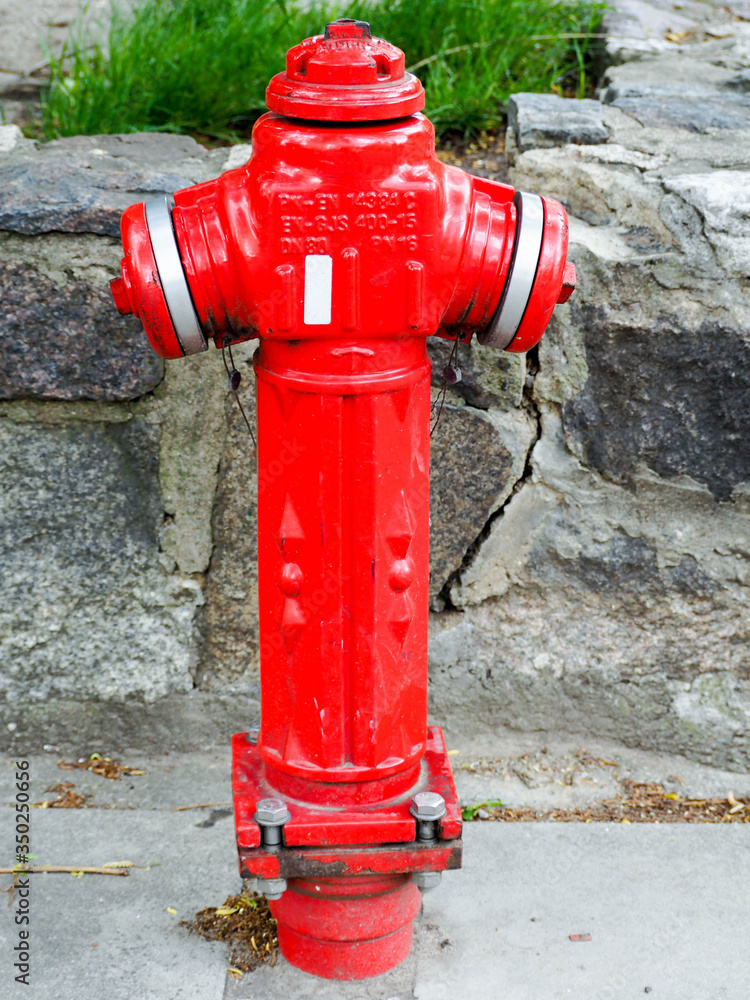 Red old hydrant fire system on the street against the background of a stone curb and green grass
