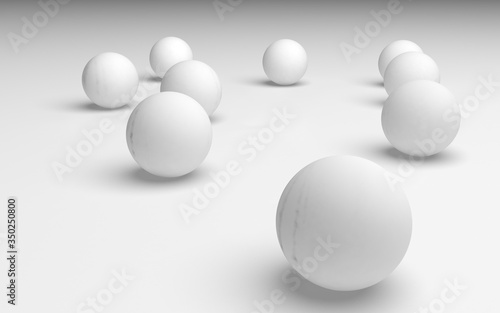 White abstract background. Set of white balls isolated on white backdrop. 3D illustration