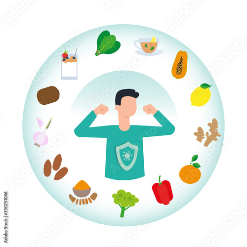 Immune system vector protection. Health bacteria virus protection. Medical prevention human boosters. Healthy child kid boy reflect bacteria attack. Boost Immunity with medicine concept illustration.