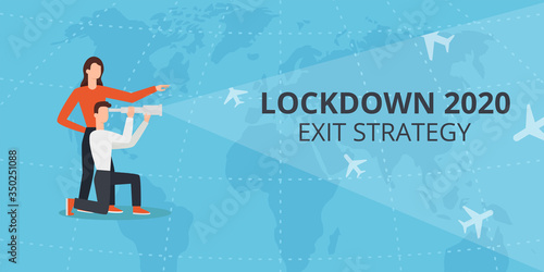 Vector flat style illustration of a man and woman with telescope. Lockdown 2020 exit strategy. Quarantine end, self isolation exit. People, coronavirus. Lifting lockdown plan