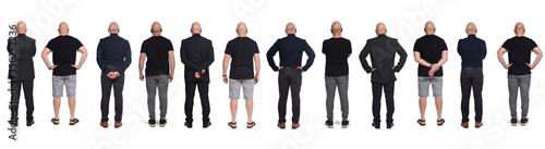 rear view of the same man in different outfits, on white background