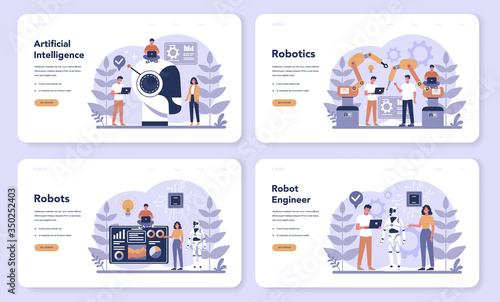 Robotics web banner or landing page set. Robot engineering