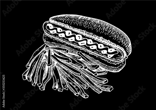 Vector illustration of fast food on black background, graphical french fries and hot dog