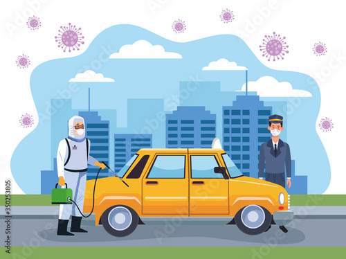 biosafety worker desinfect taxi for covid19