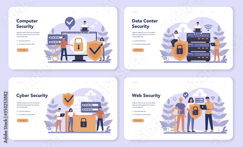 Cyber or web security web banner or landing page set. Idea of digital