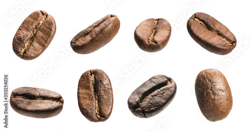 Set of fresh roasted coffee beans isolated on white background. Coffee beans close up, Espresso dark